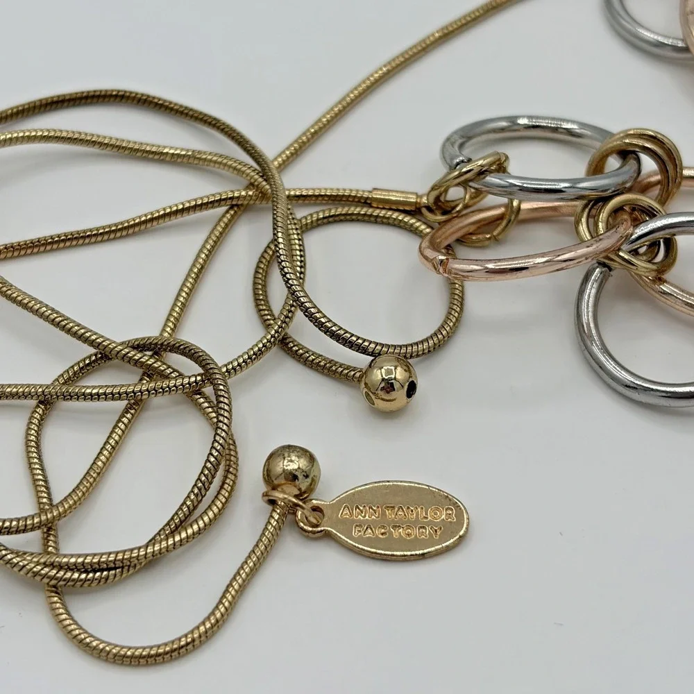 Ann Taylor Factory Tri‎ Tone Mixed Metal Interlocking Ring Slider Necklace